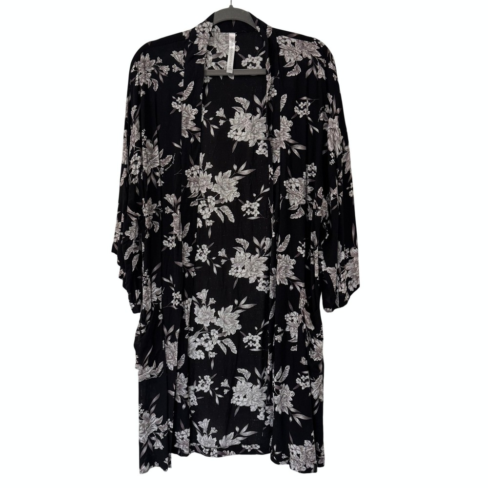 Spiritual Gangster Floral Kimono Cardigan Black White Rayon OS Pockets Boho